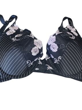 36C Black Lace Underwire Bra Pinstripe Floral Embroidered Full Coverage Women's